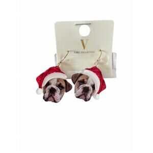 NEW V FOXY COLLECTION women's bull dog santa holiday earrings in red